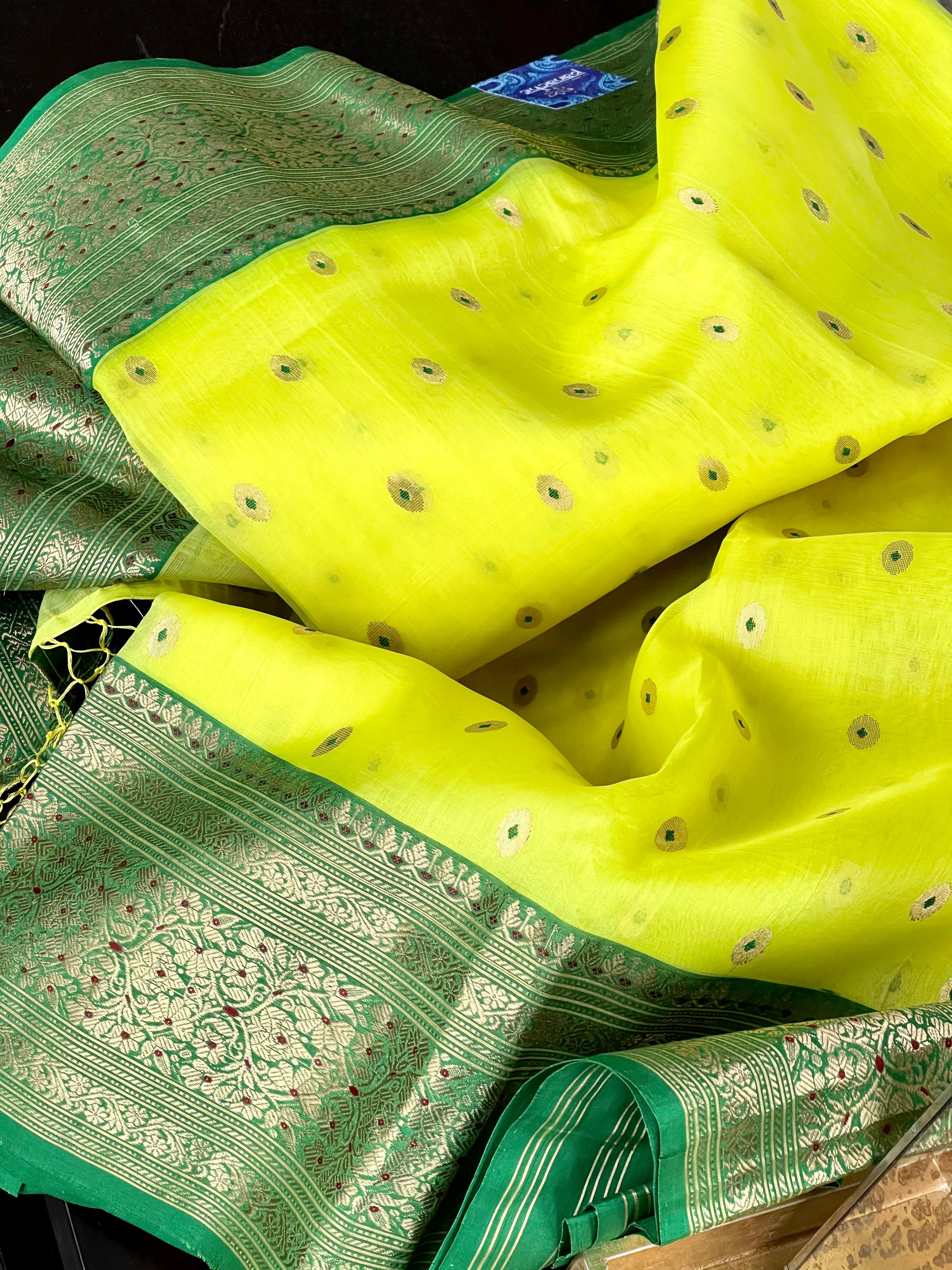 Pure Chanderi Organza Silk - Yellow Green Eknaliya Golden Zari