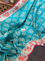 Tussar Georgette Banarasi- Teal Blue Orange Paithani border