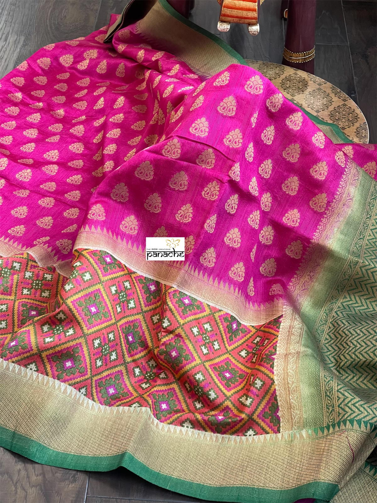 Dupion Silk Banaras Chanderi - Magenta Pink Green