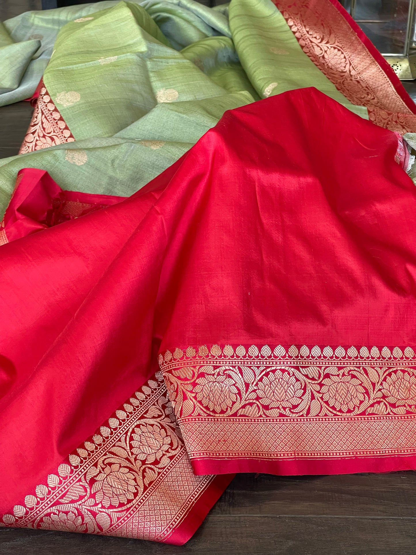 Tussar Silk Banarasi - Green Red