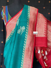 Tussar Georgette Banarasi - Rama Green Red Kadwa