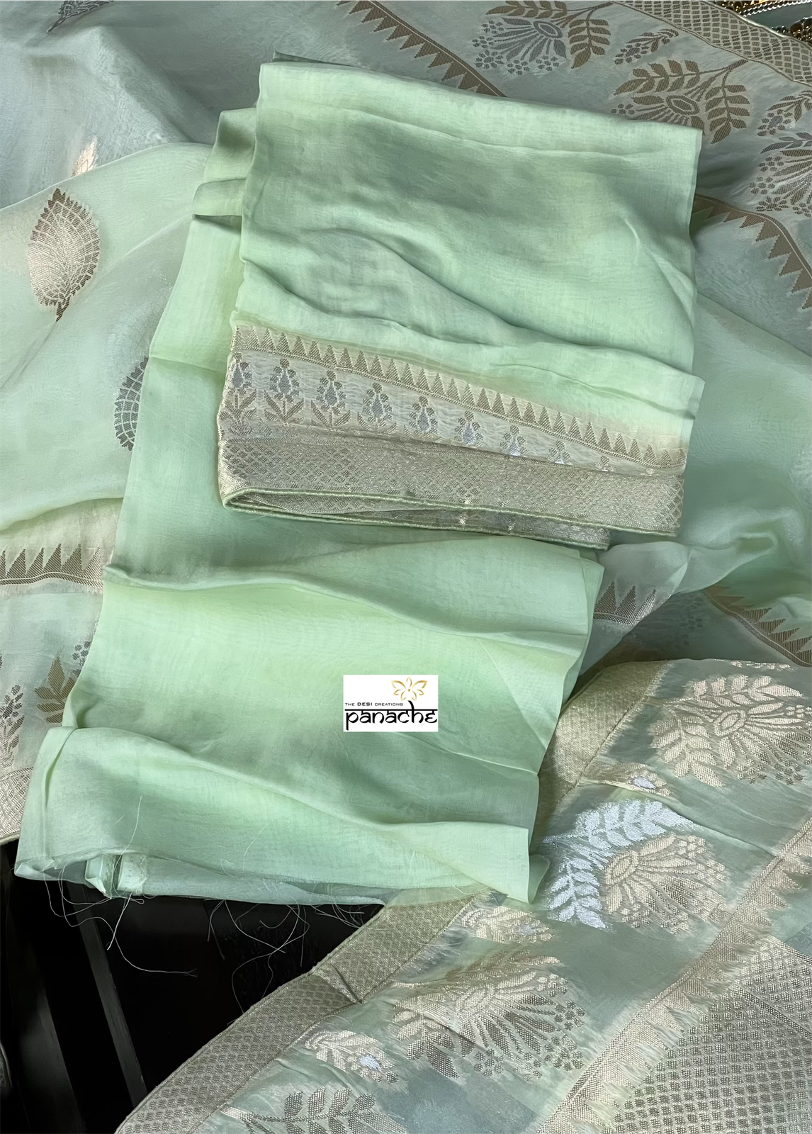 Designer Organza Banaras Saree - Pista Green