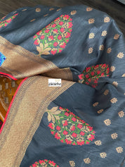 Tussar Silk Banarasi - Black Red Meenakari