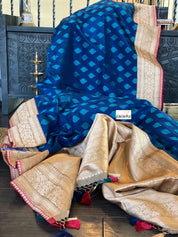 Pure Katan Silk Banarasi - Blue Firozi Antique Zari