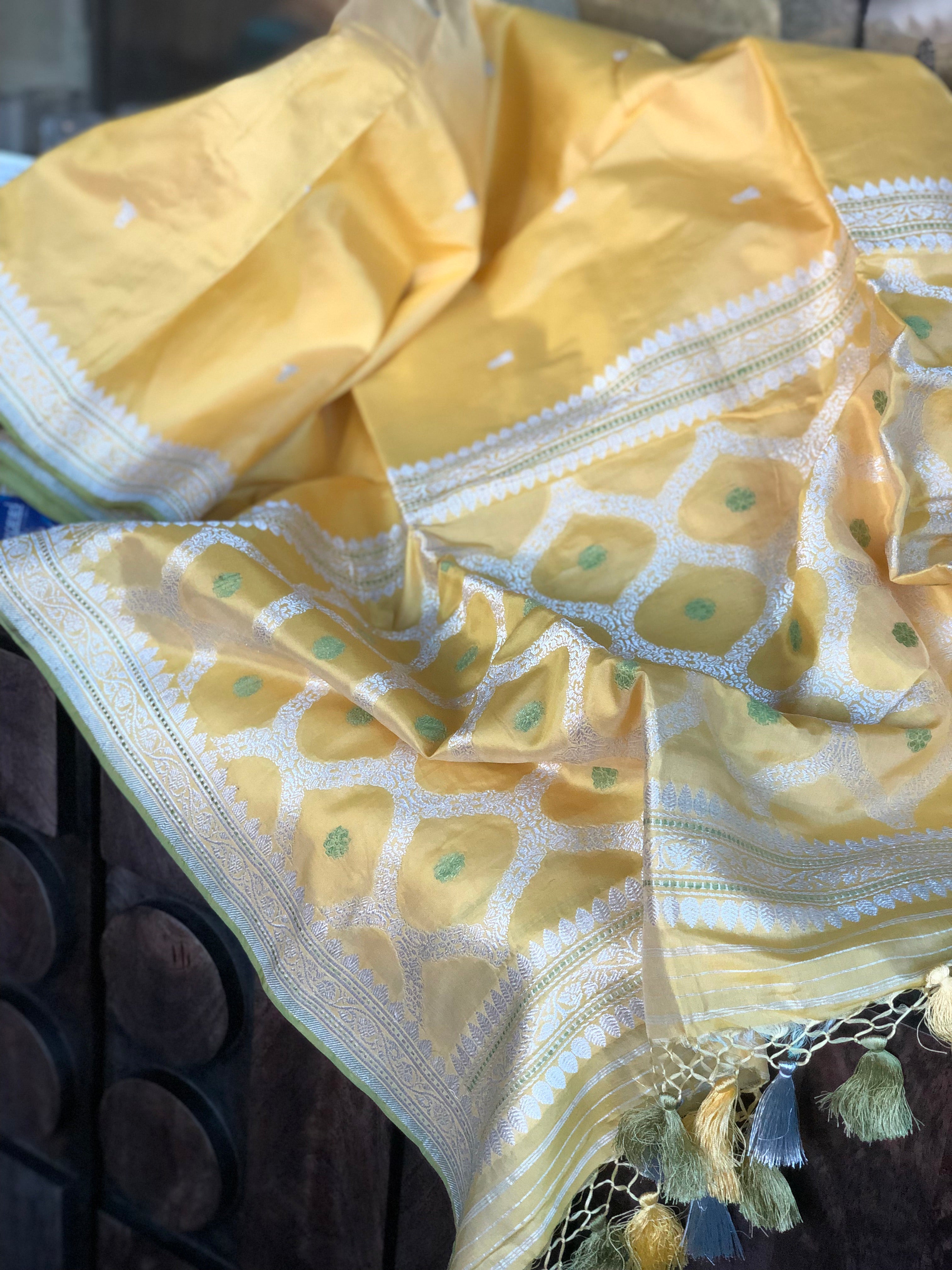 Katan Silk Banarasi - Yellow Kadhwa Woven