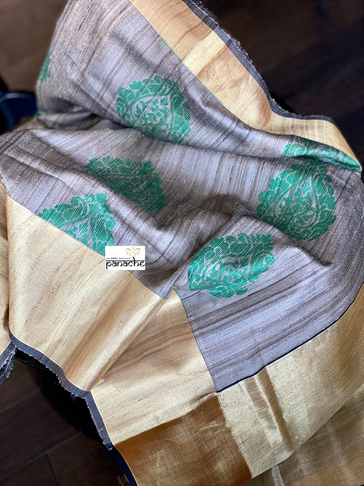 Gicha Tassur Silk Banarasi - Tussar Green Antique Zari
