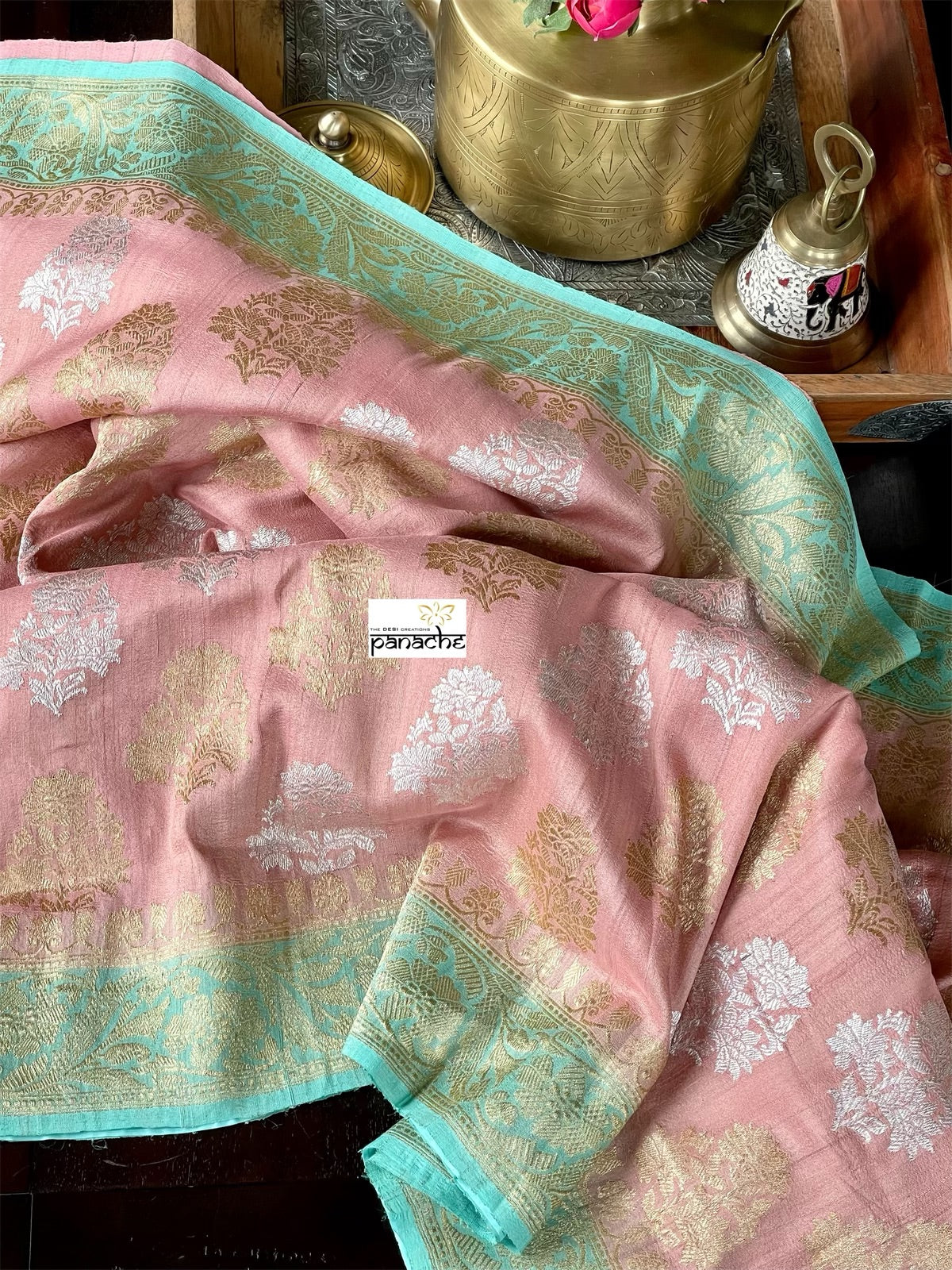 Tussar Georgette Banarasi- Peach Pink Sea Green
