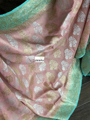 Tussar Georgette Banarasi- Peach Pink Sea Green