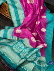 Tussar Silk Banarasi - Magenta Pink Rama Green Zari checkered