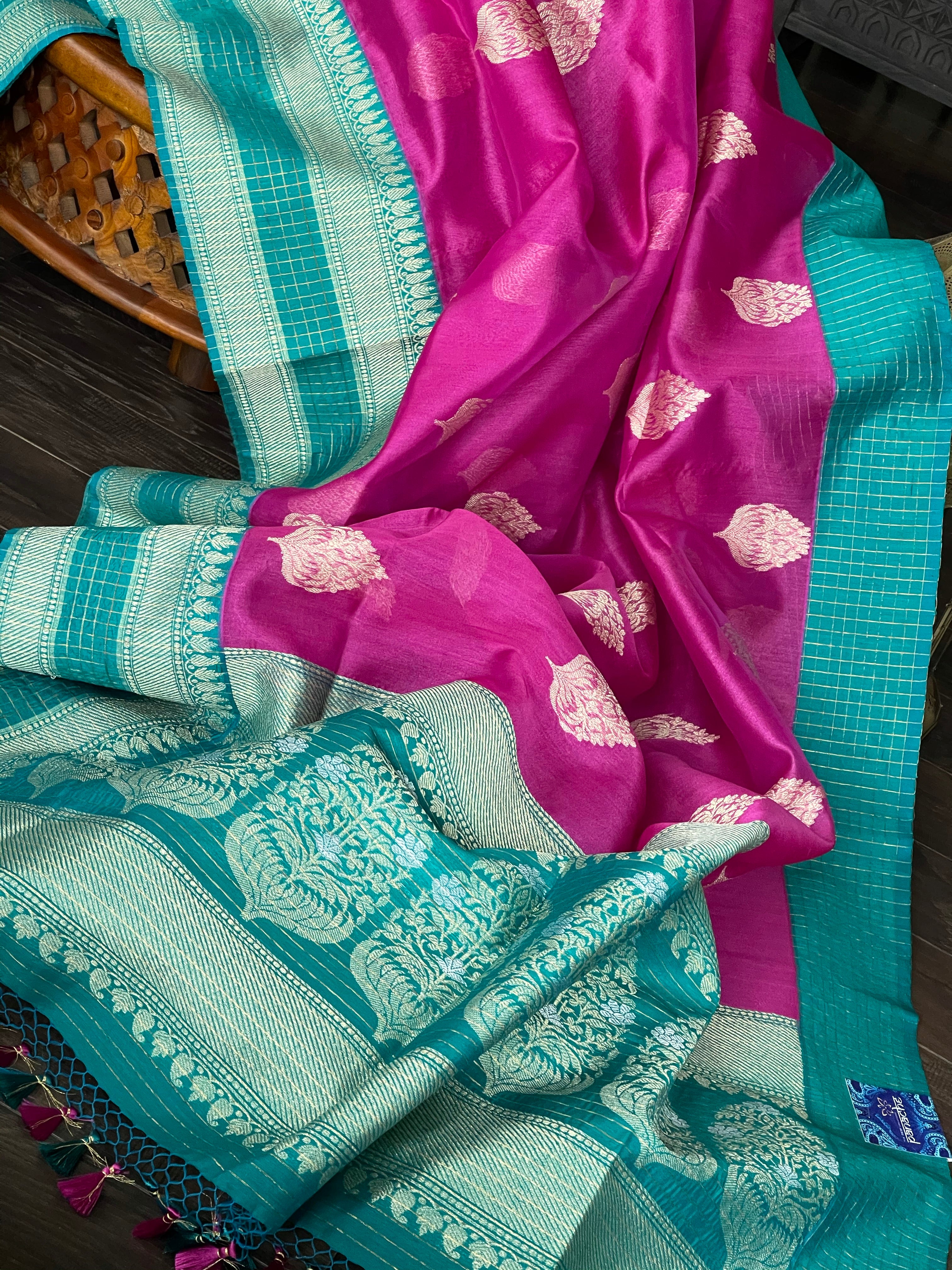 Tussar Silk Banarasi - Magenta Pink Rama Green Zari checkered