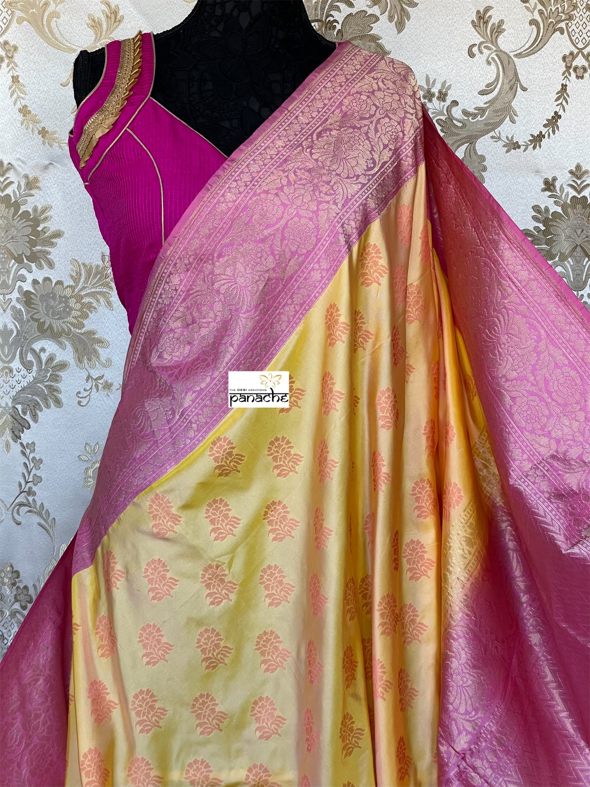 Silk Banarasi - Yellow Pink Resham Woven