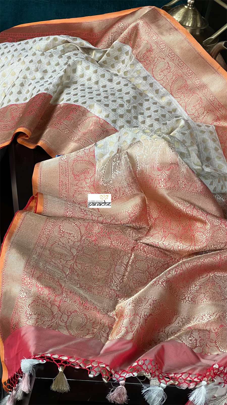 Pure Silk Katan Banarasi- Off-White Checkered