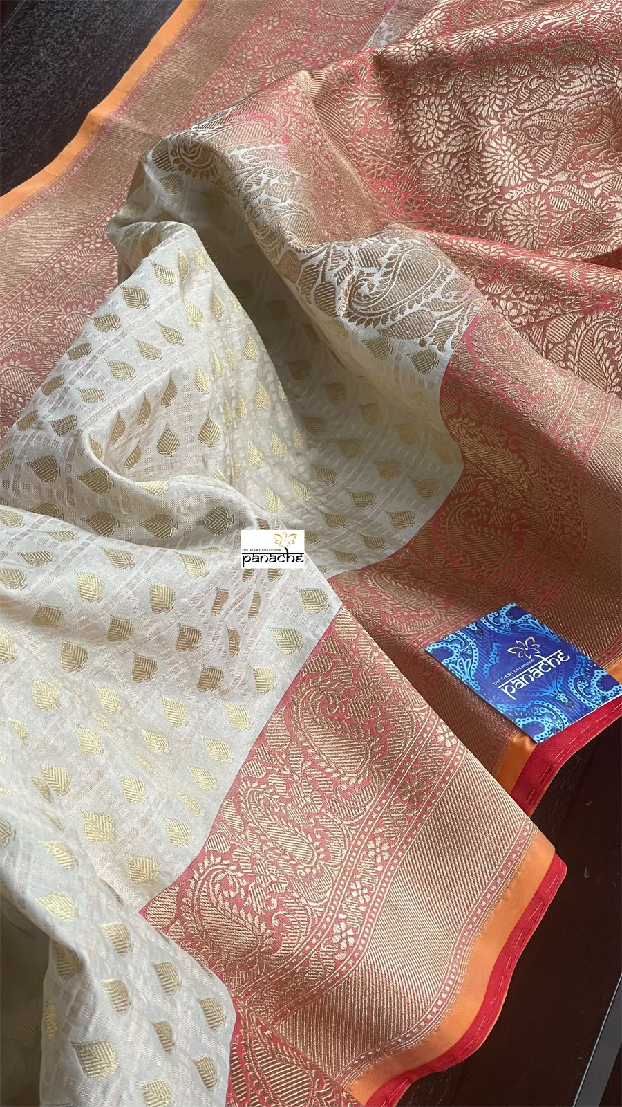 Pure Silk Katan Banarasi- Off-White Checkered