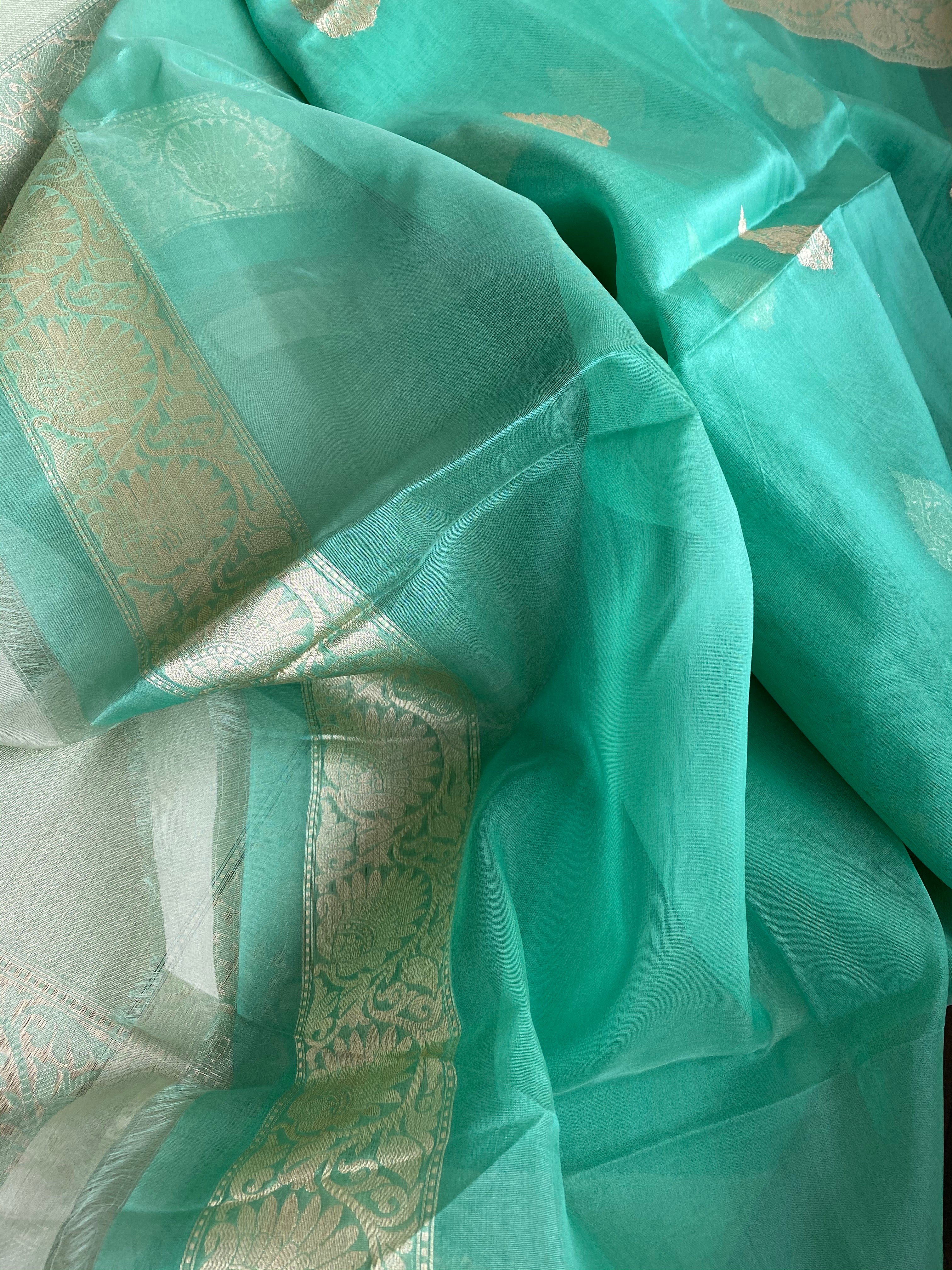 Organza Silk Banarsi - Sea Green Golden Zari