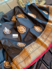 Exclusive Katan Silk Banarasi - Black Red Kadwa Woven