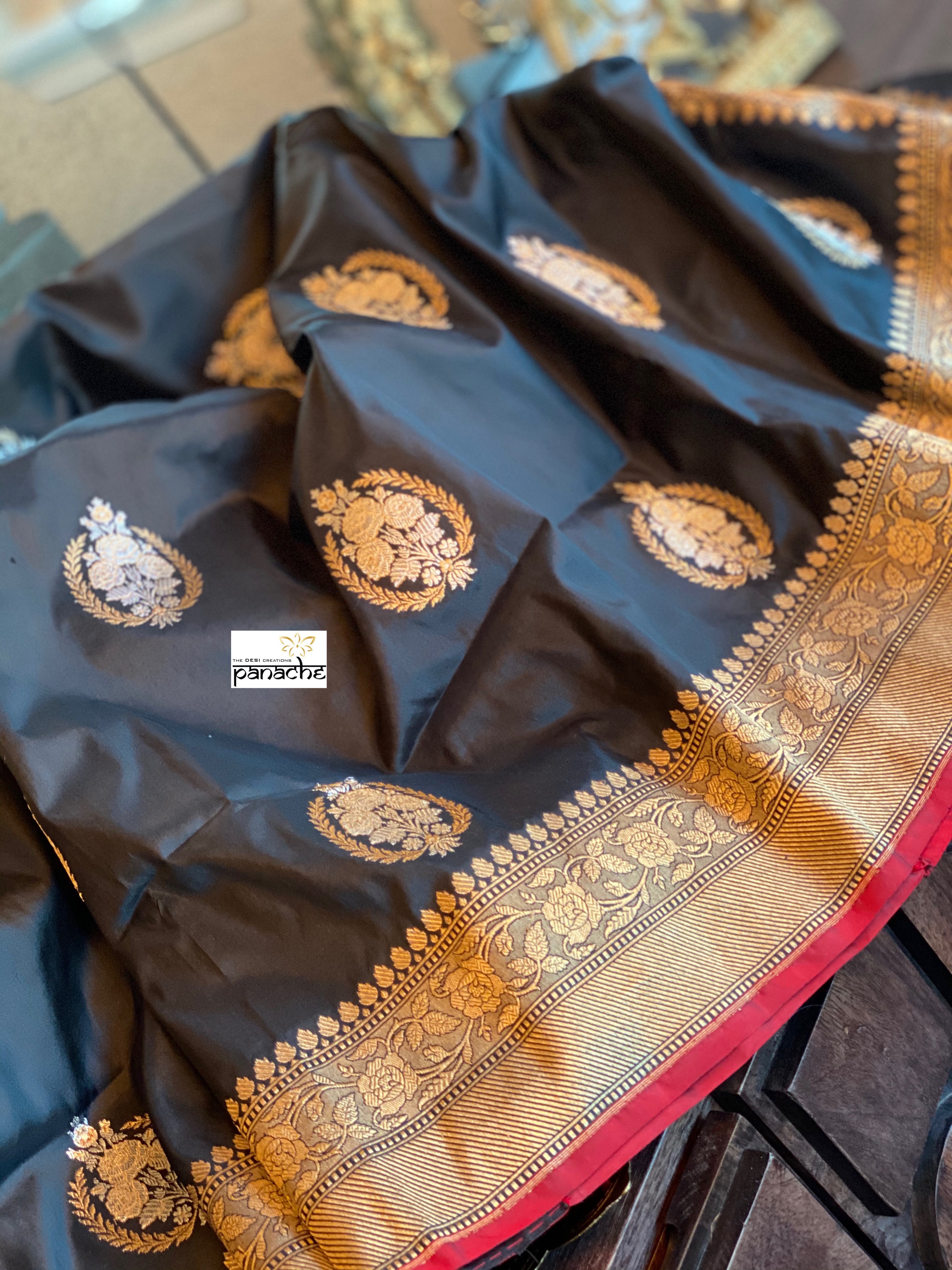 Exclusive Katan Silk Banarasi - Black Red Kadwa Woven