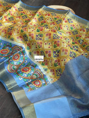 Tissue Kota Silk Printed - Yellow Blue