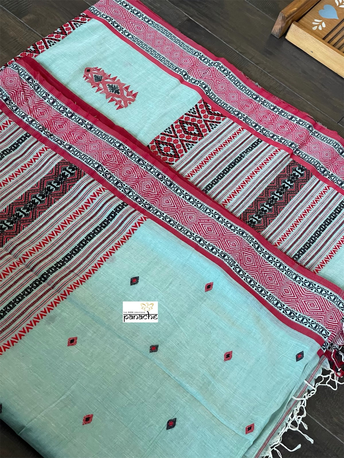 Khadi Cotton Dongria - Light Teal Blue Red HandWoven