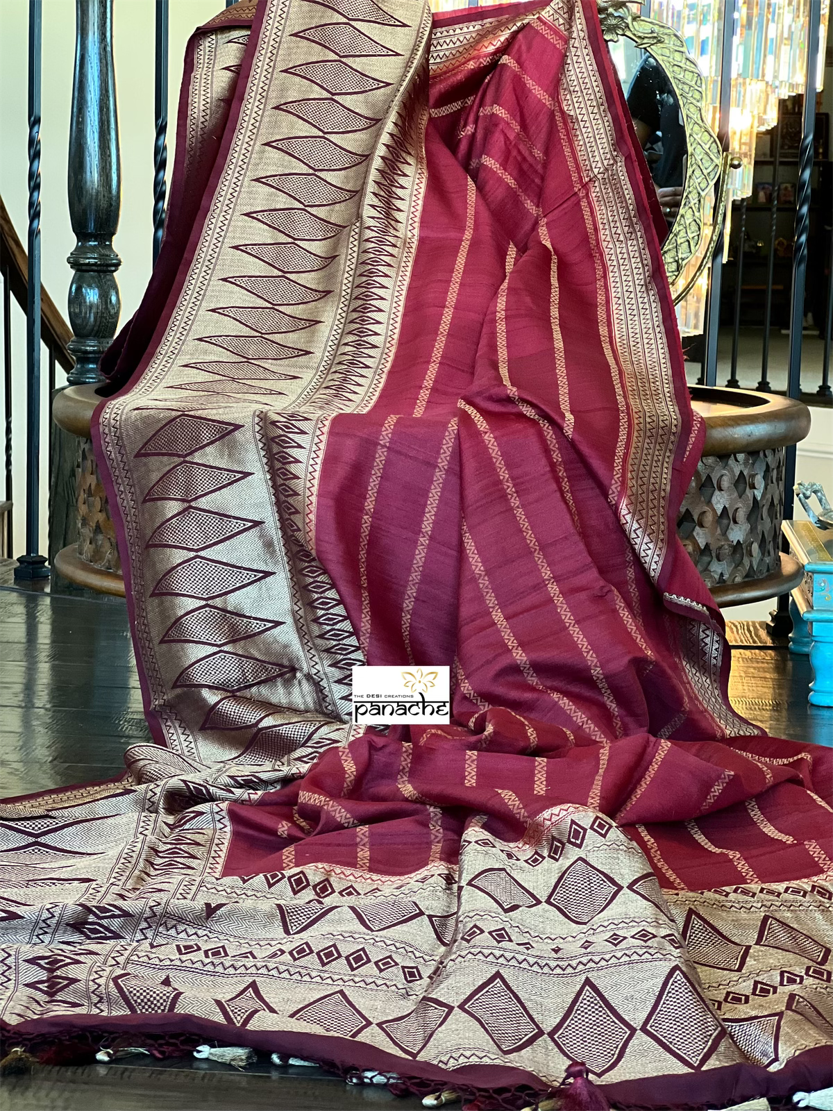 Tussar Silk Banarasi- Maroon Striped