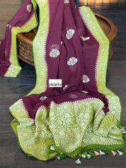 Khaddi Georgette Banarasi - Maroon Mehendi Green Kadwa
