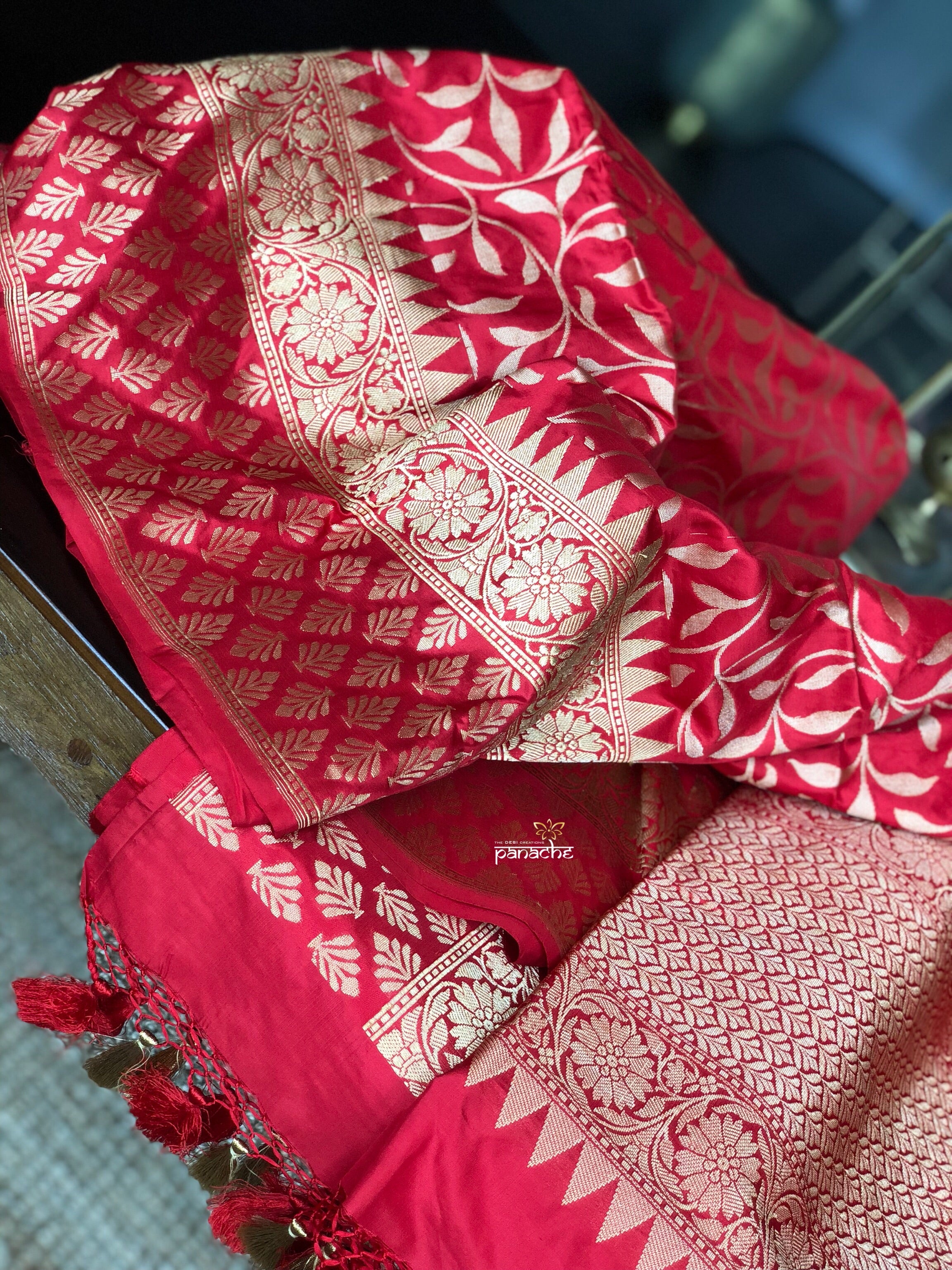 Pure Silk Katan Banarasi - Red Golden Zari