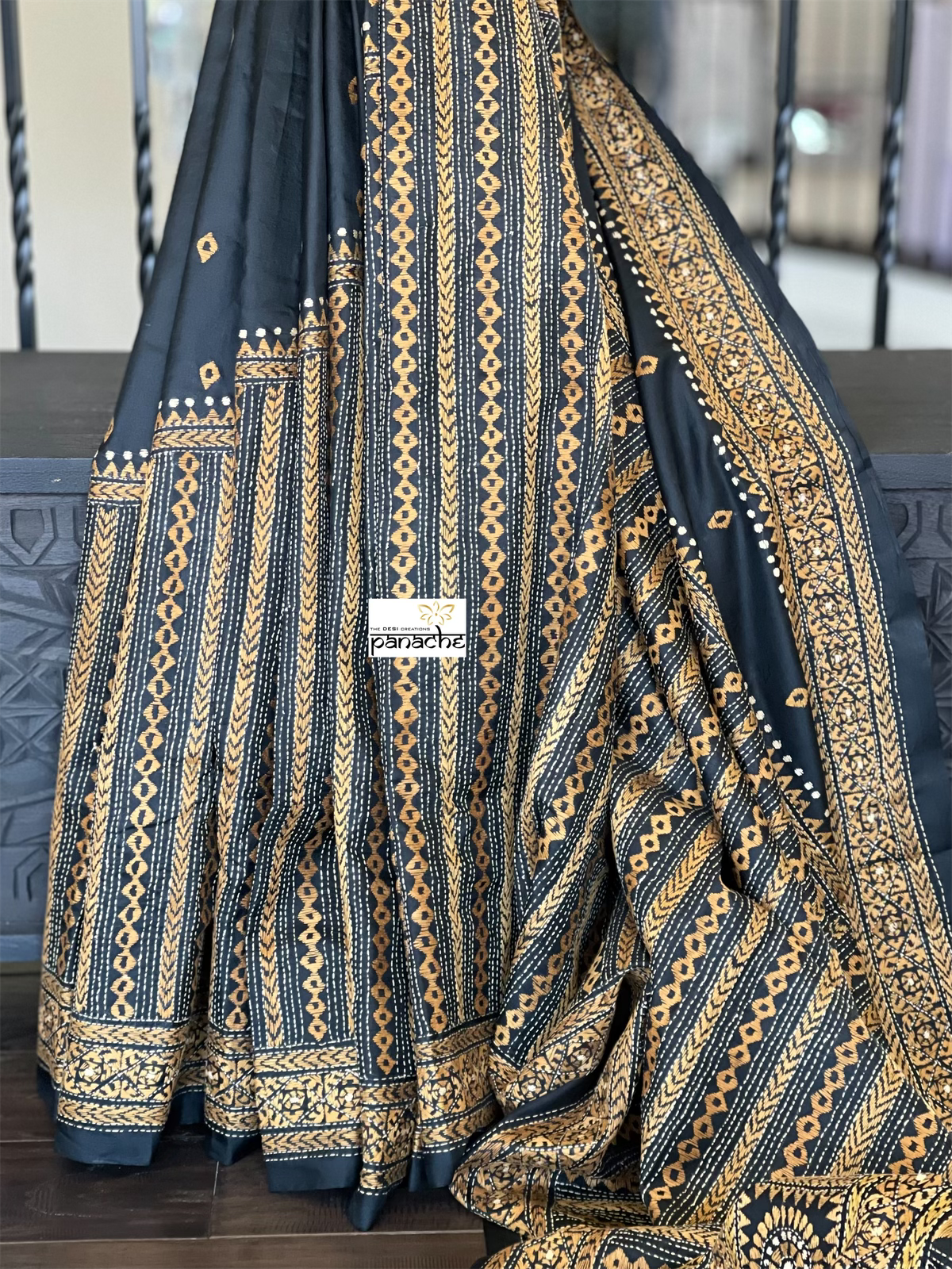 Pure Bangalore Silk Kantha Stitch -  Black Multi Color