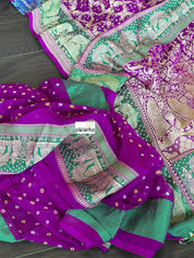 Bandhej Khaddi Georgette Banarasi - Purple Green
