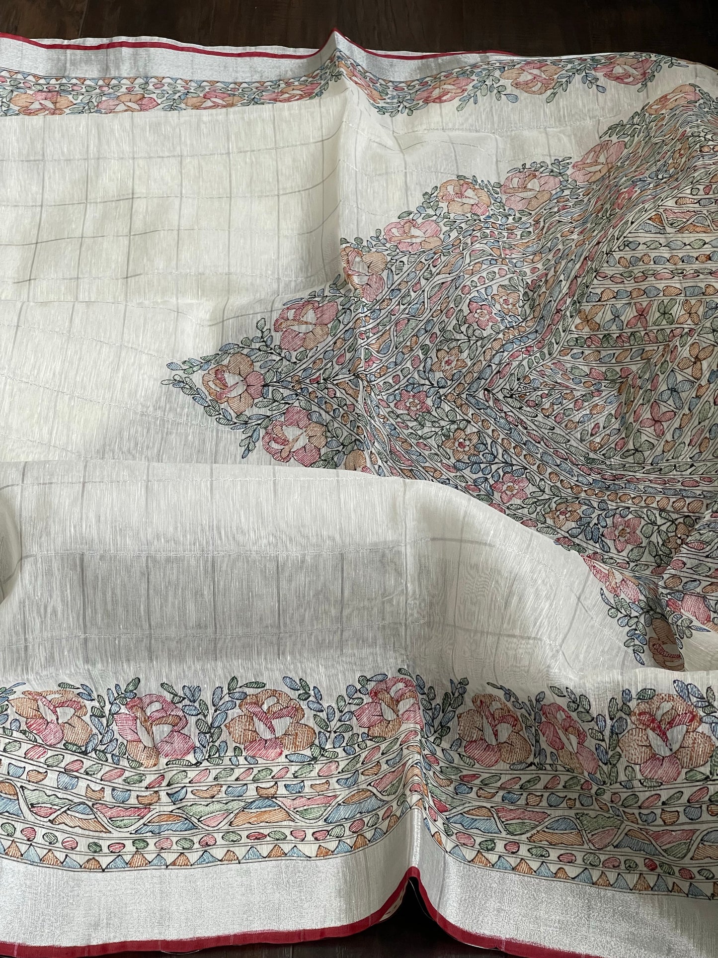 Handloom Silk Linen - White Madhubani printed Checkered