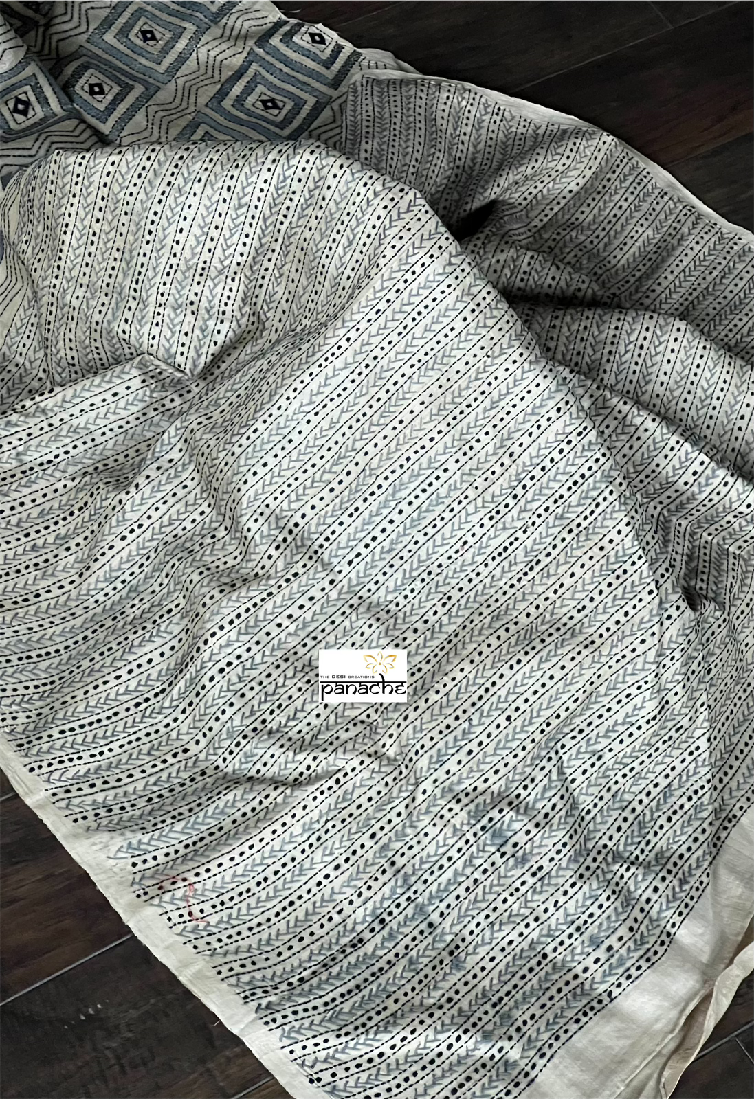 Pure Tussar Silk Kantha Stitch -  Beige Grey Black