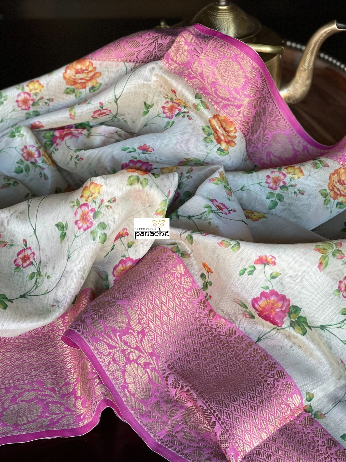 Floral Linen Silk Banarasi - Beige Pink