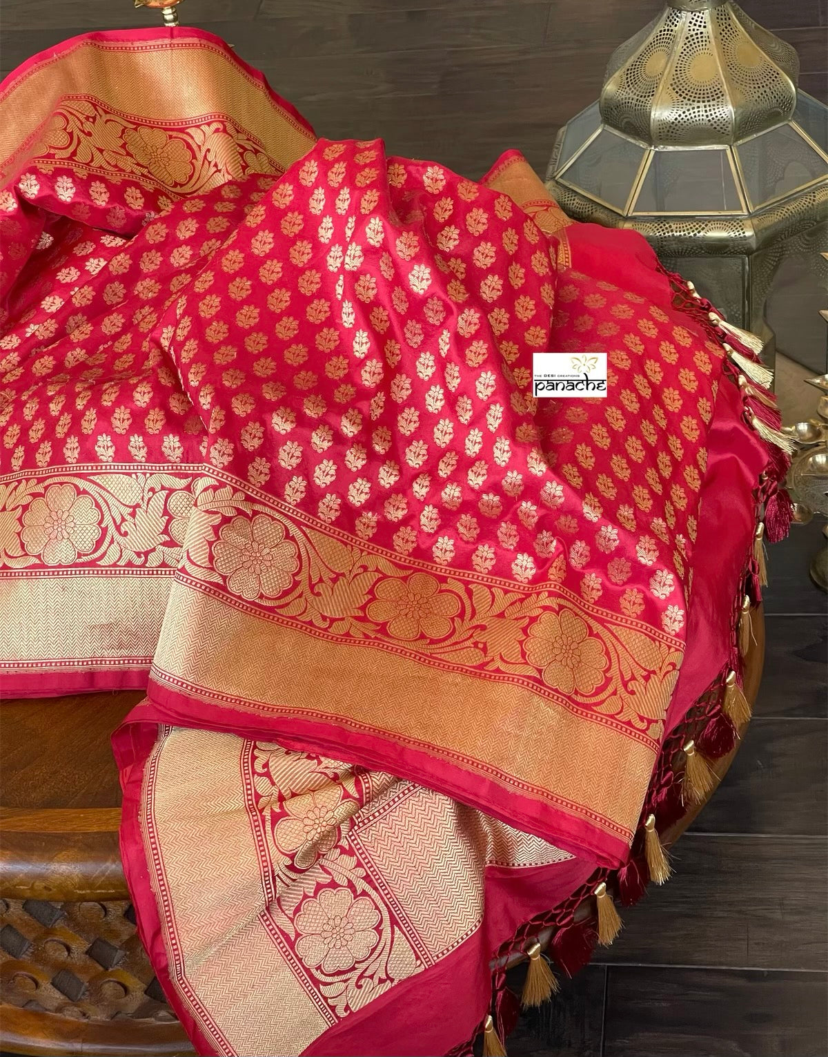 Pure Silk Banarasi - Red Buttidaar Antique Golden Zari