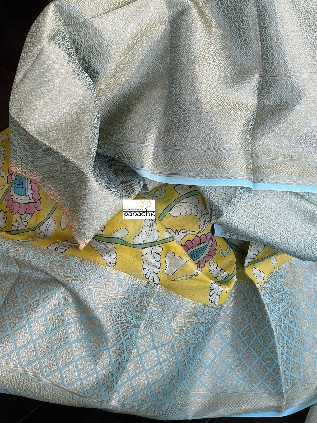 Pure Cotton Silk Kalamkari Banarasi- Yellow