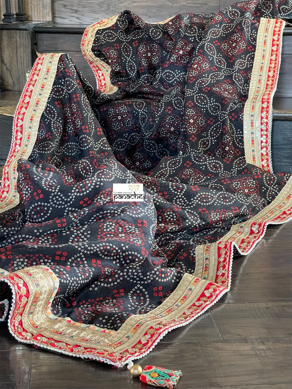 Kota Silk Bandhej - Black Red Printed