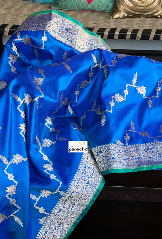 Pure Katan Silk Kadwa Banarasi - Blue Jamdaani weave