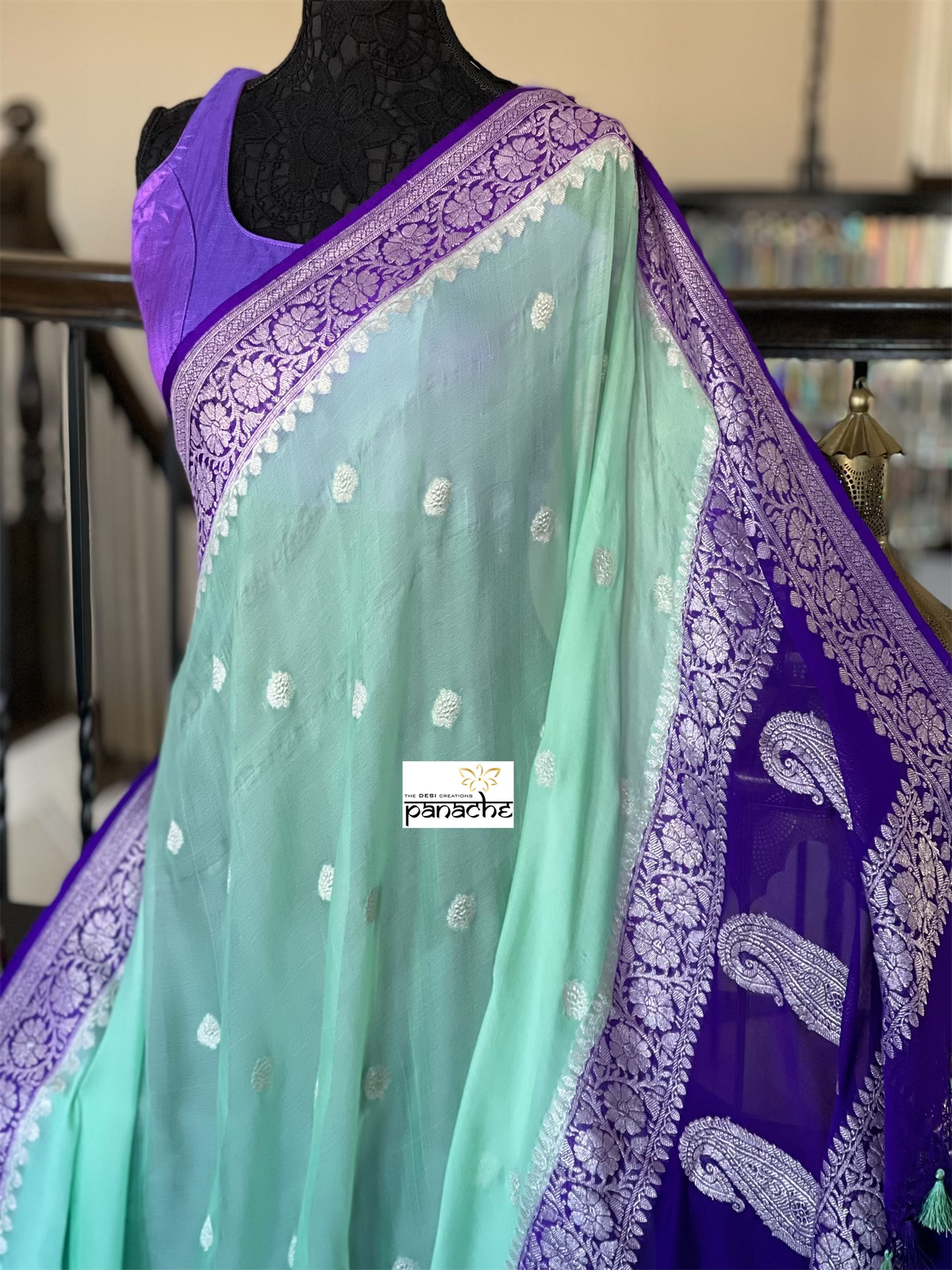 Chiffon Georgette Silk Banarasi - Mint Green Purple Silver Zari