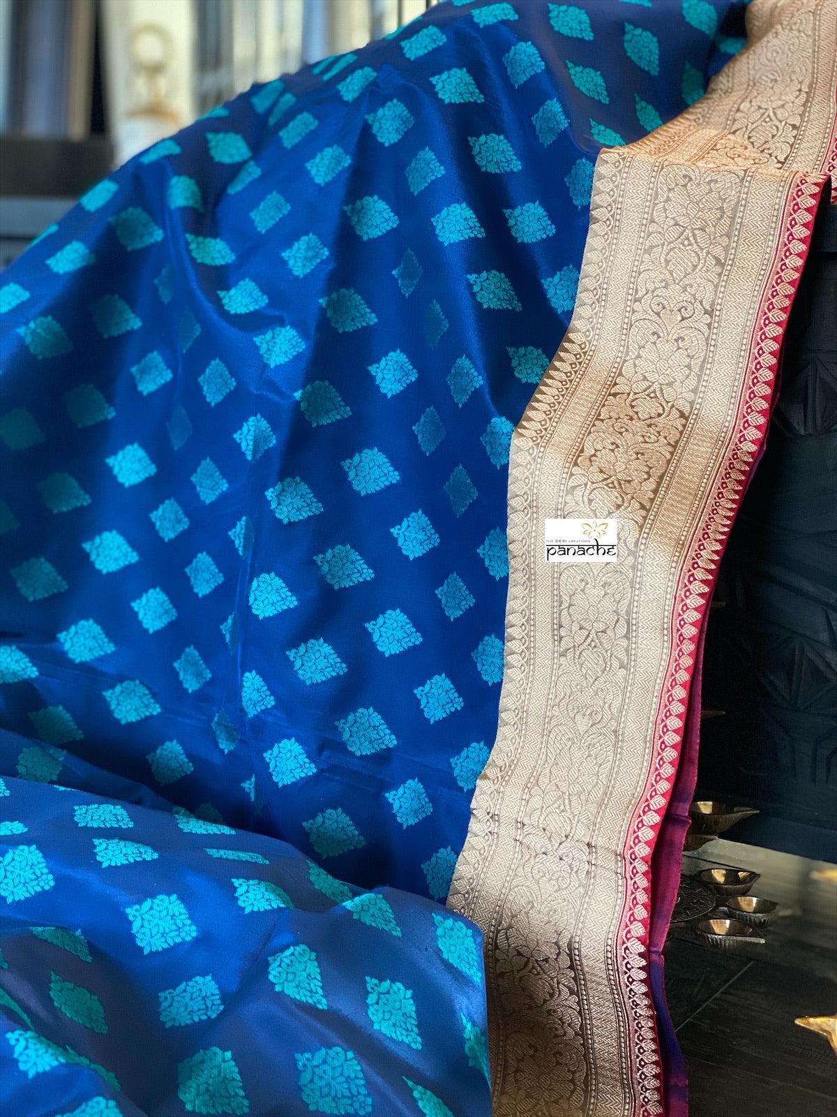 Pure Katan Silk Banarasi - Blue Firozi Antique Zari