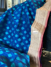 Pure Katan Silk Banarasi - Blue Firozi Antique Zari