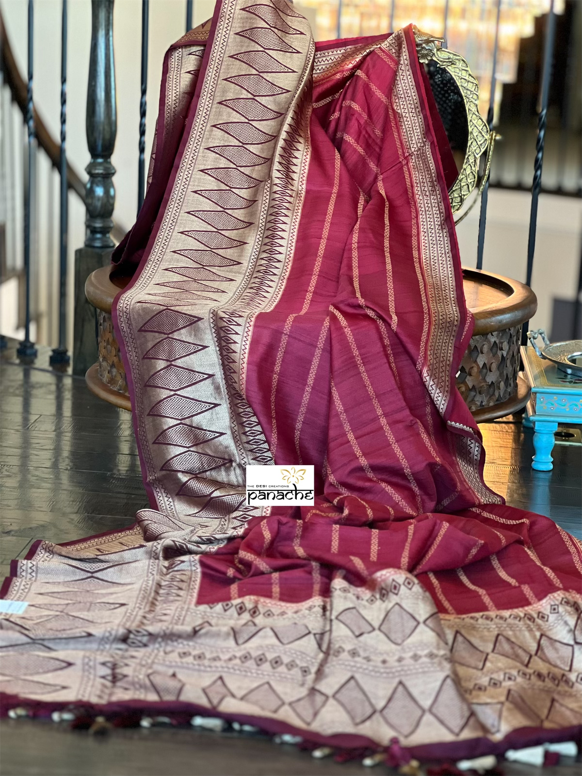 Tussar Silk Banarasi- Maroon Striped