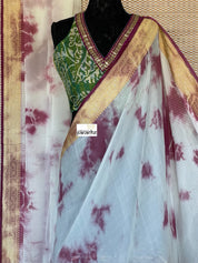 Khaddi Georgette Banarasi - Off-White Wine Purple Tie-dye Khadhua Woven