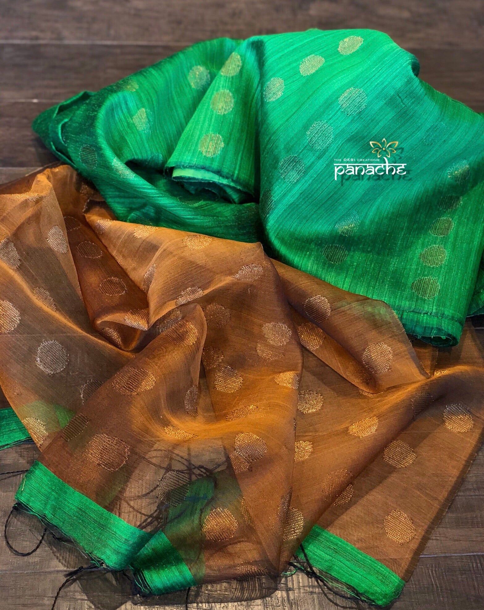 Matka Silk - Green Rusty Brown golden Zari Buta