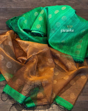 Matka Silk - Green Rusty Brown golden Zari Buta