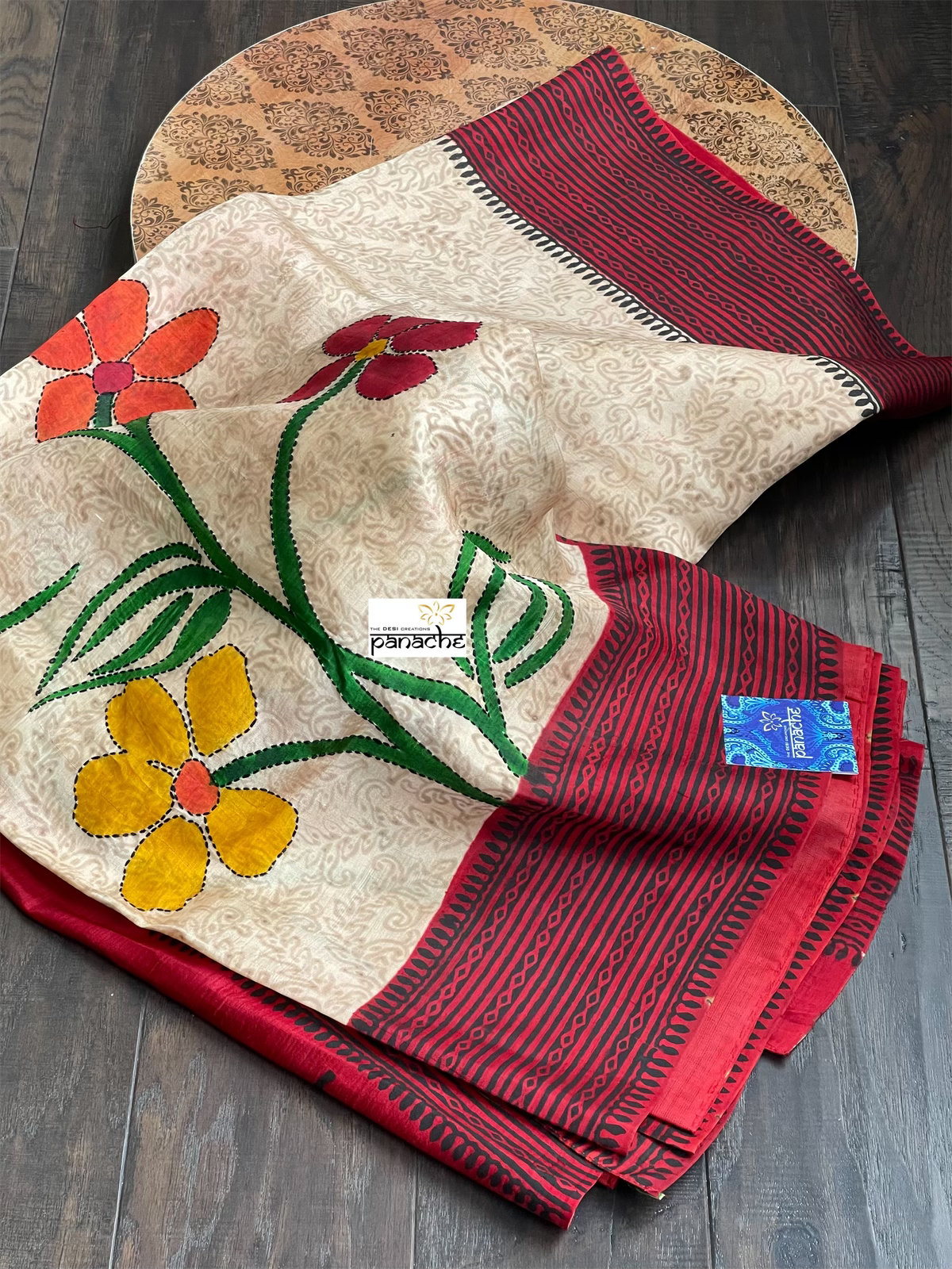 Pure Tussar Silk - Beige Red Black