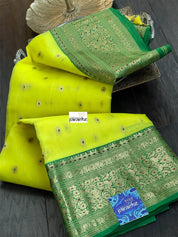 Pure Chanderi Organza Silk - Yellow Green Eknaliya Golden Zari