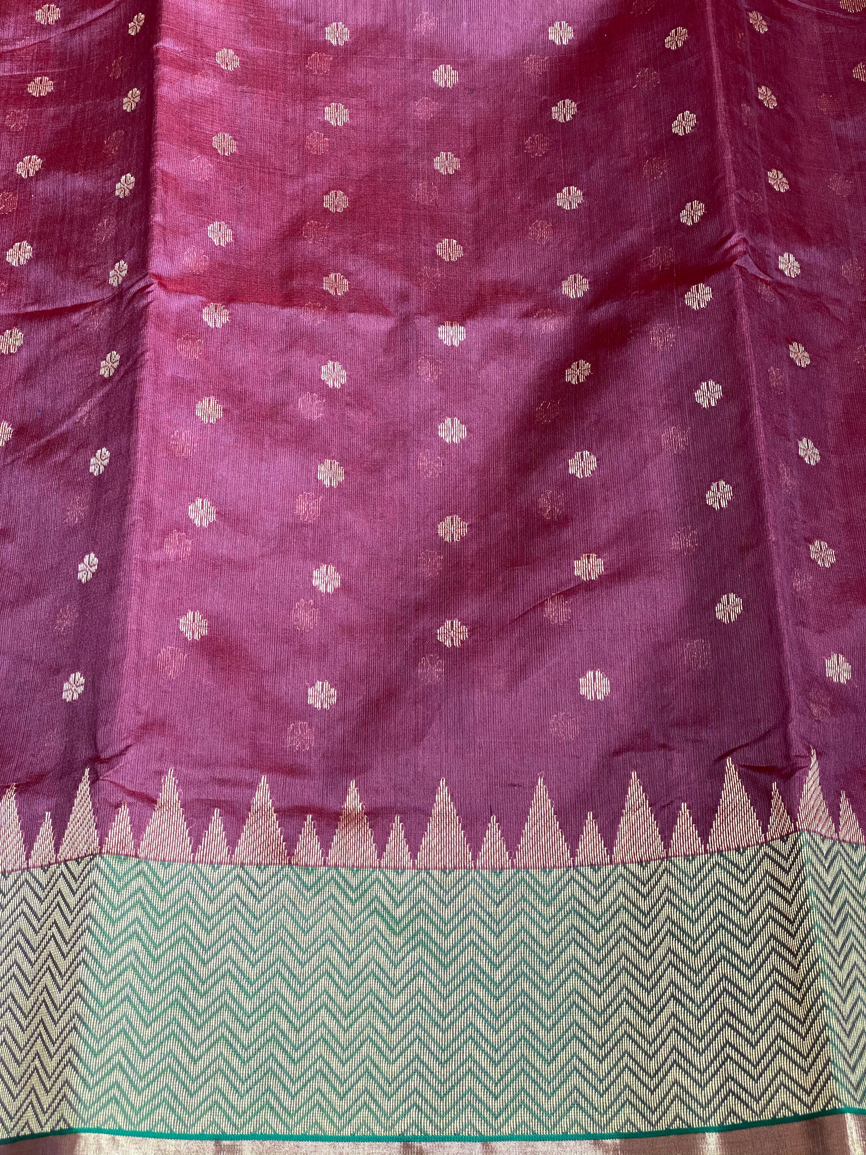 Pure Chanderi Silk - Brown Plum Green Golden Silver Zari Woven