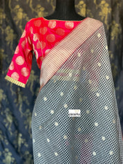 Kora Linen Silk Banarsi - Black White Checks Pink