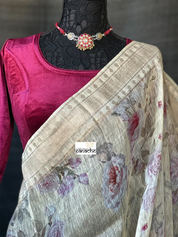 Floral Linen Silk Banarasi - Light Wheat Digital Printed