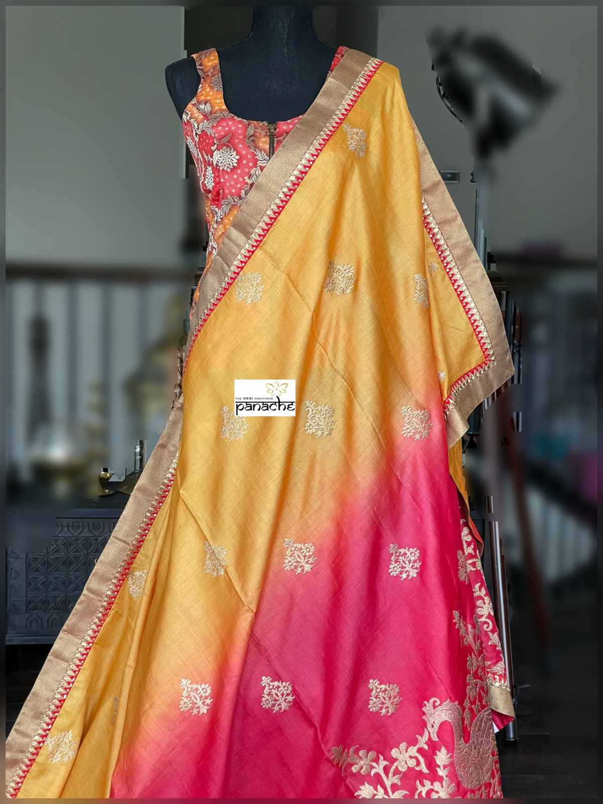 Designer Tussar Silk - Golden Yellow Raspberry Red