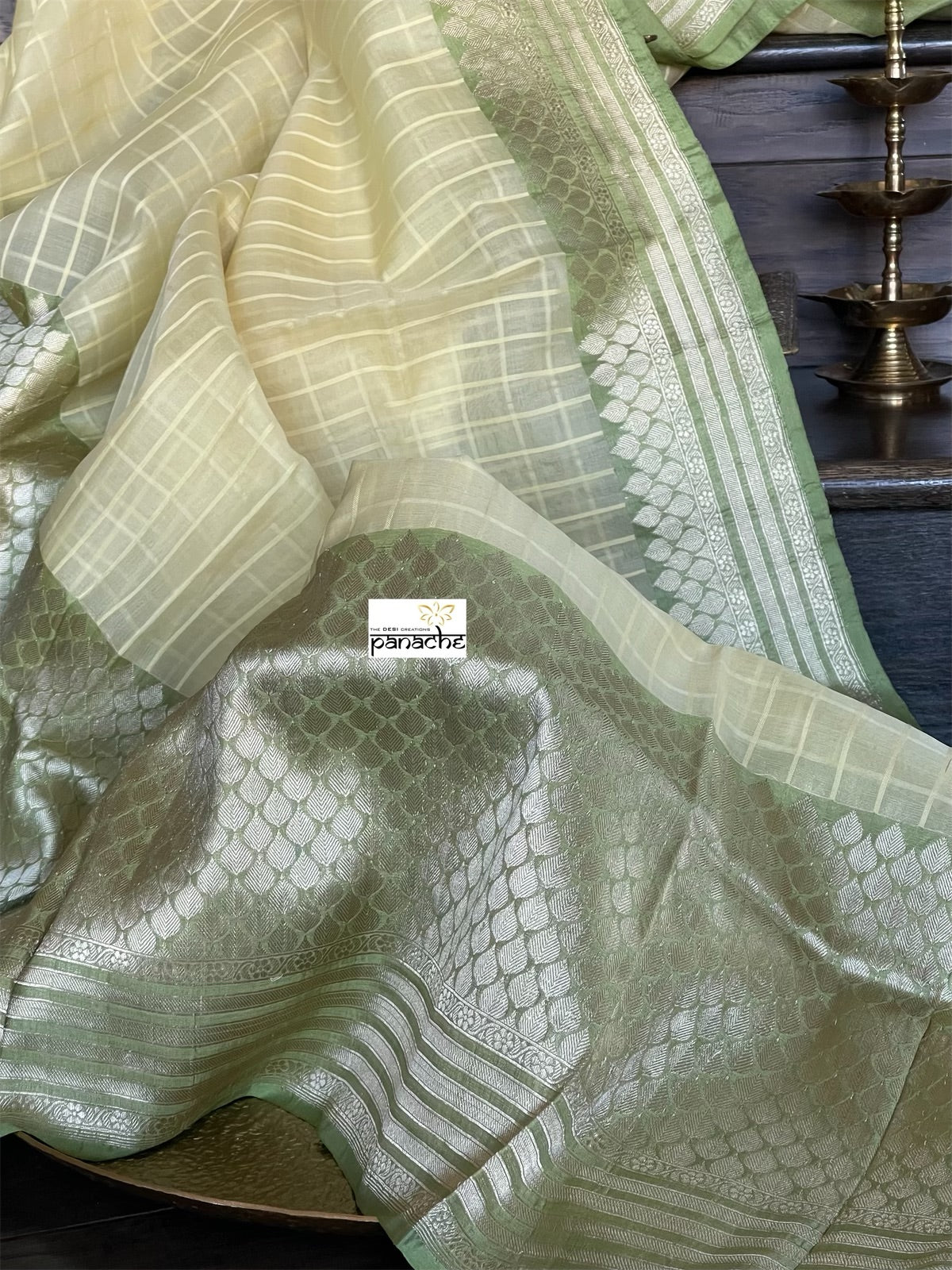 Organza Silk Banarasi - Light Lemon Yellow Green Kadwa woven