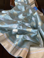 Pure Chanderi Patti Silk - Metallic Sea Green Jaal woven