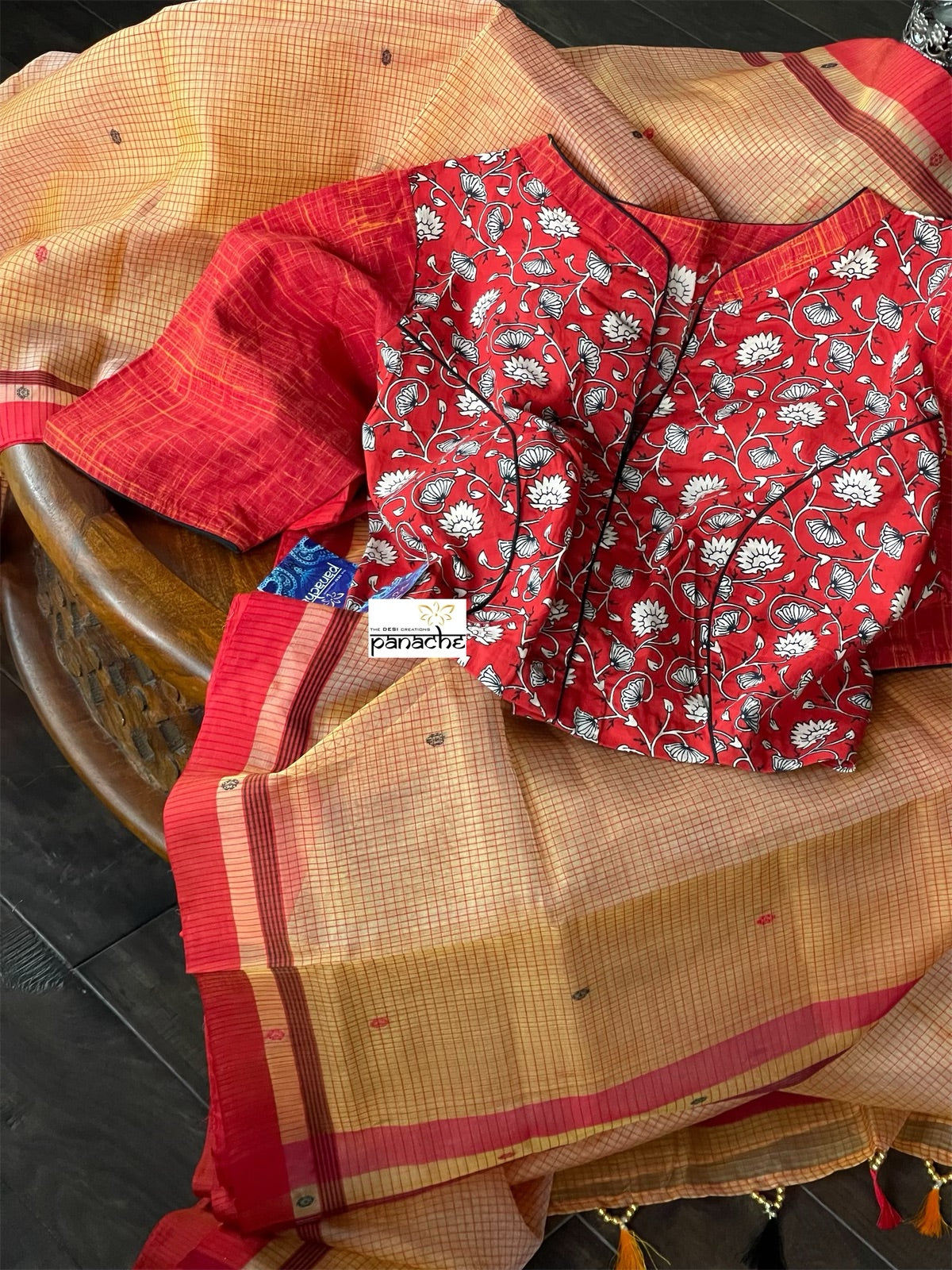 Pure Chanderi Organza Silk - Yellow Red Checkered